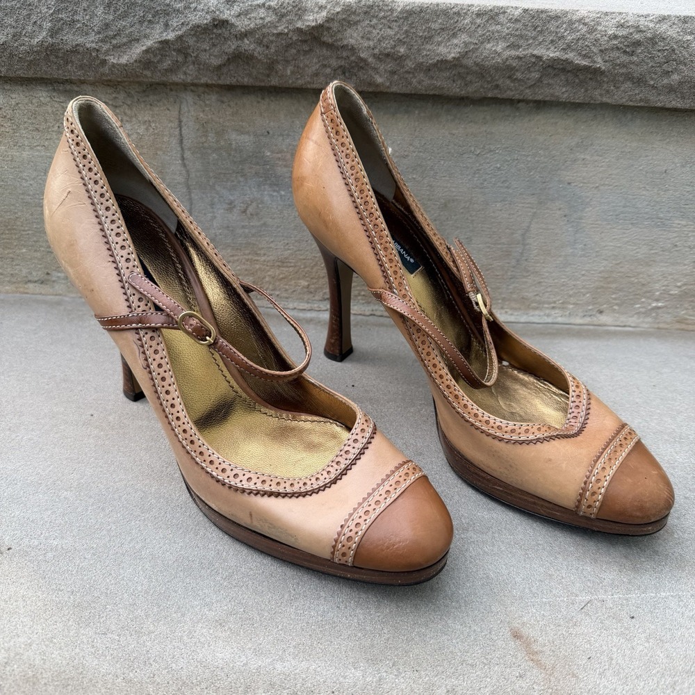 Dolce Gabbana Mary Jane Brown Leather Platform Heels Size 39